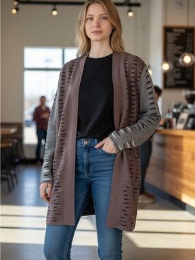 NIC+ZOE Gray and Black Open-Front Ladder Knit Cardigan